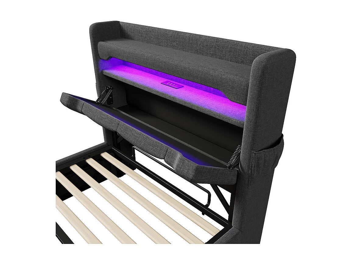 Opbergbed Grijs 90x200 cm met opberg-hoofdeinde - LED en USB/Type-C-poort - max. belasting 150 kg
