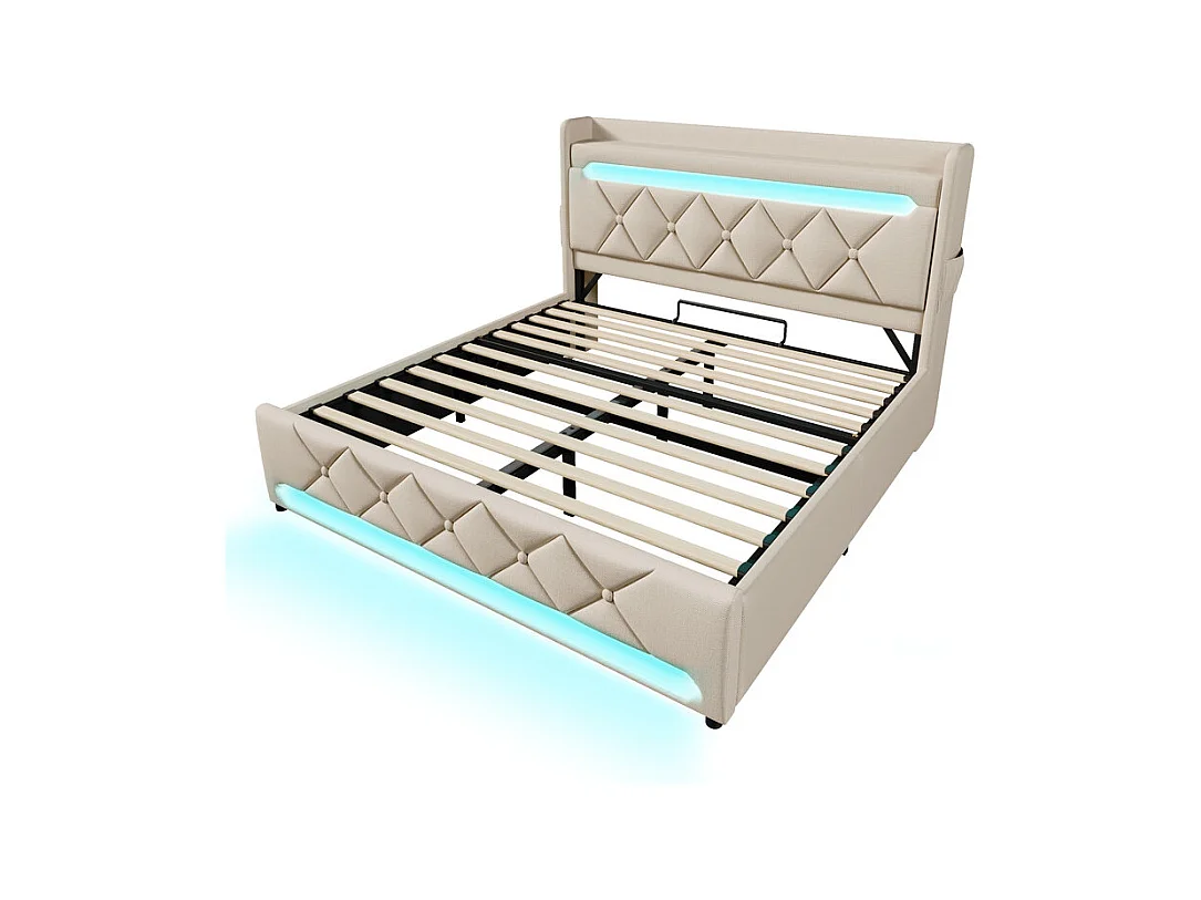 Stauraumbett 180x200 cm mit gepolstertem Kopfteil, LED, USB und Type-C-Anschluss - Leinen - Beige