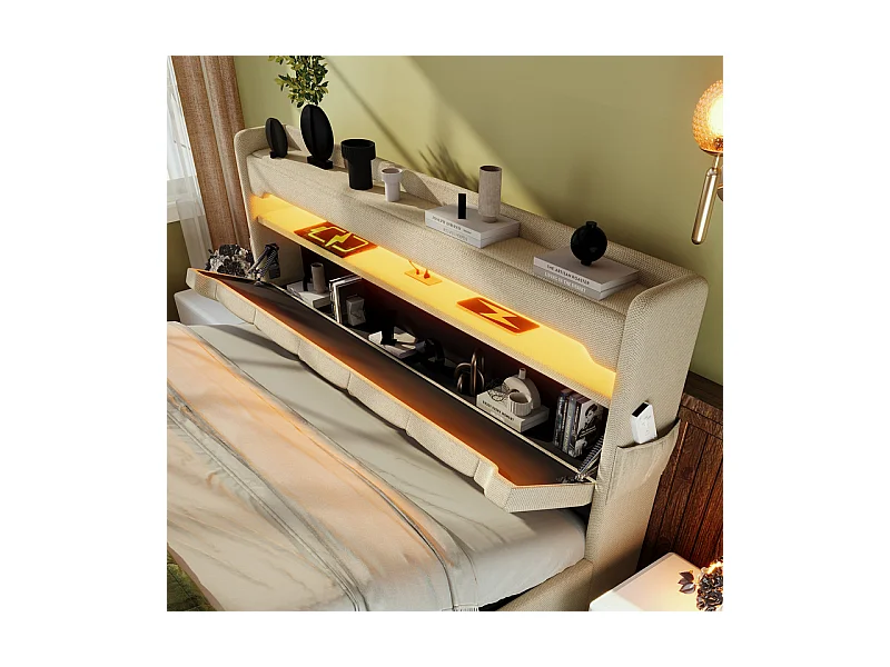 Stauraumbett 180x200 cm mit gepolstertem Kopfteil, LED, USB und Type-C-Anschluss - Leinen - Beige