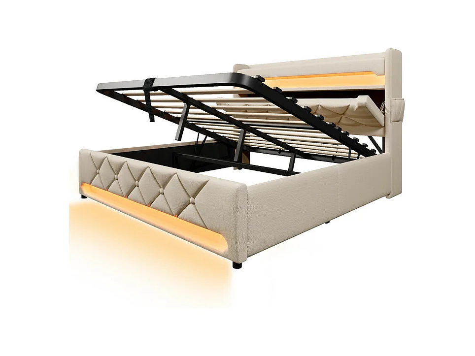 Stauraumbett 180x200 cm mit gepolstertem Kopfteil, LED, USB und Type-C-Anschluss - Leinen - Beige