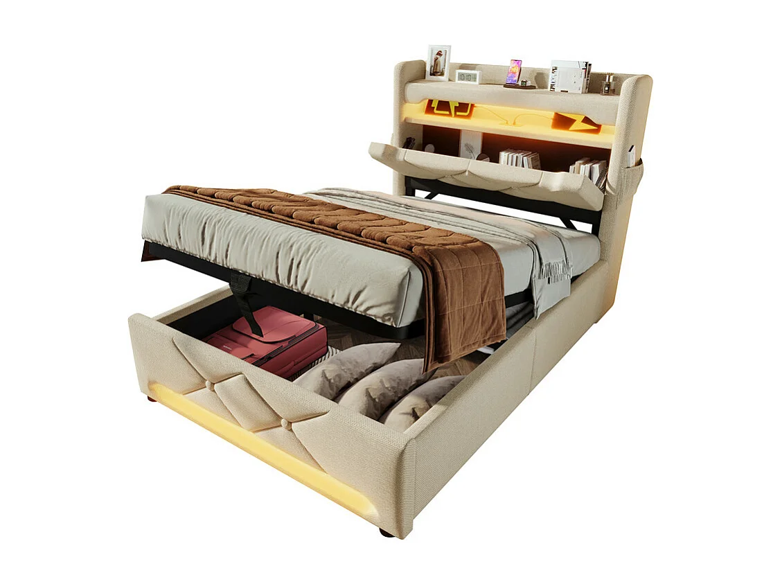 Lit coffre Beige 90x200cm + Matelas - avec tête de lit de rangement - LED et port de USB/Type C - charge max 150kg