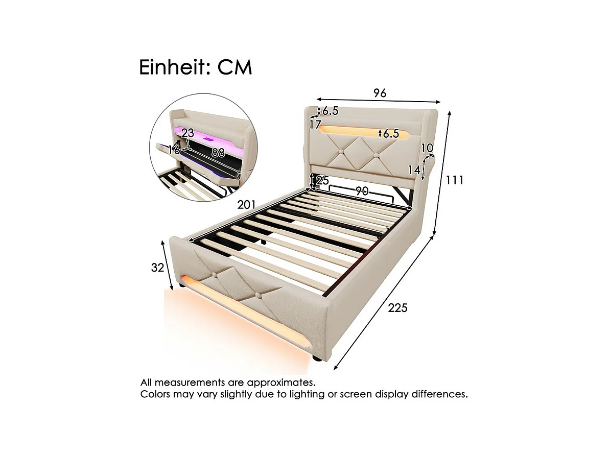 Lit coffre Beige 90x200cm + Matelas - avec tête de lit de rangement - LED et port de USB/Type C - charge max 150kg