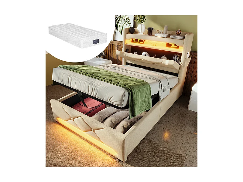 Lit coffre Beige 90x200cm + Matelas - avec tête de lit de rangement - LED et port de USB/Type C - charge max 150kg