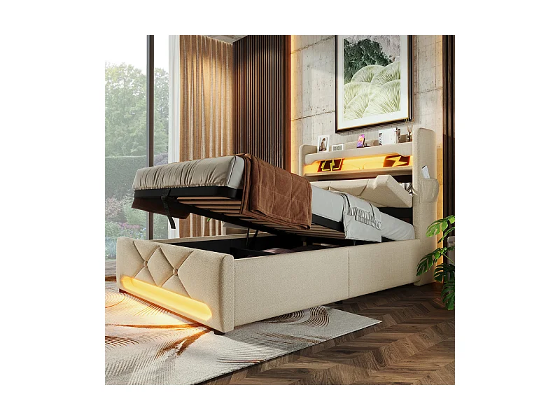 Lit coffre Beige 90x200cm + Matelas - avec tête de lit de rangement - LED et port de USB/Type C - charge max 150kg