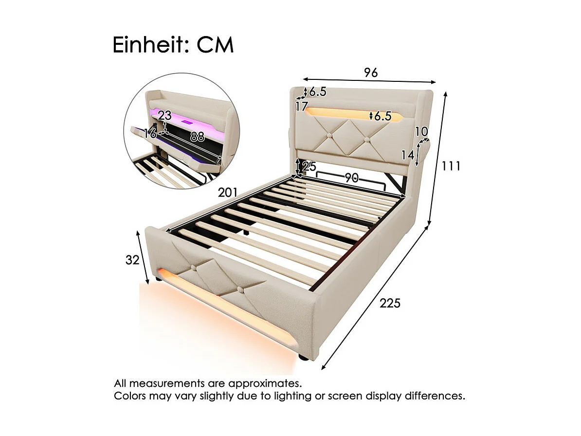 Lit coffre Beige 90x200cm + Matelas - avec tête de lit de rangement - LED et port de USB/Type C - charge max 150kg