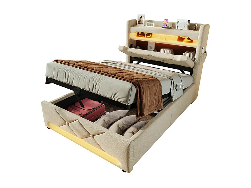 Letto contenitore beige 90x200 cm + Materasso - con testiera con contenitore - LED e porte USB/Type C - carico massimo 150 kg