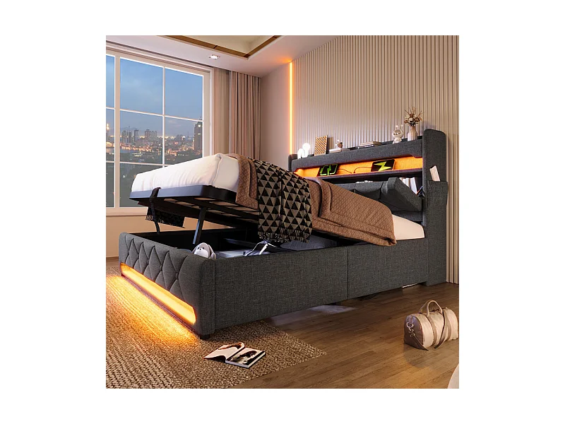 Opbergbed Grijs 140x200 cm met LED - Linnen - opberg-hoofdeinde met USB en Type-C-poort