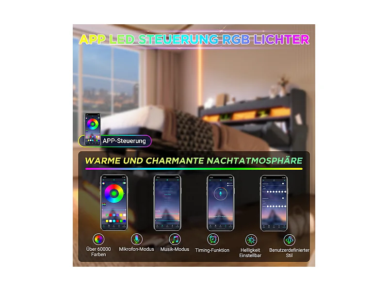 Opbergbed Grijs 140x200 cm met LED - Linnen - opberg-hoofdeinde met USB en Type-C-poort