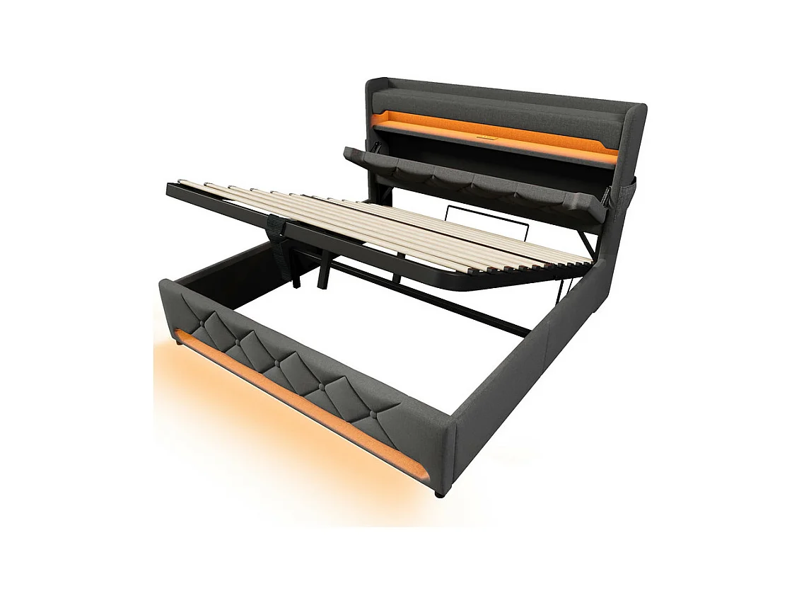 Opbergbed Grijs 140x200 cm met LED - Linnen - opberg-hoofdeinde met USB en Type-C-poort