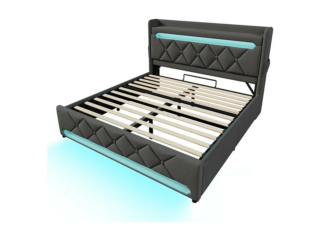 Lit coffre Gris 140x200cm avec LED - Lin - tête de lit de rangement avec USB et port de type C