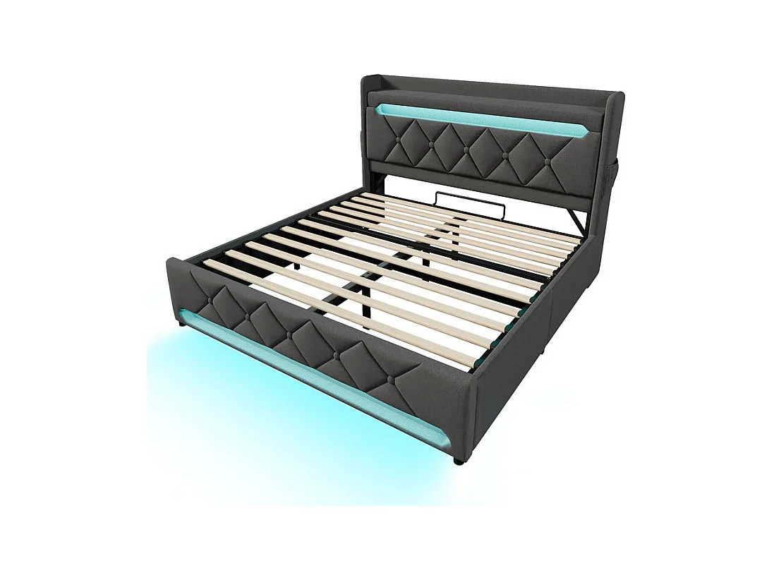 Lit coffre 160x200cm en lin gris, avec LED, tête de lit de rangement avec USB et port de type C