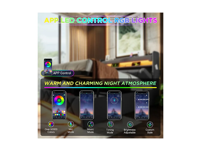 Lit coffre 160x200cm en lin gris, avec LED, tête de lit de rangement avec USB et port de type C