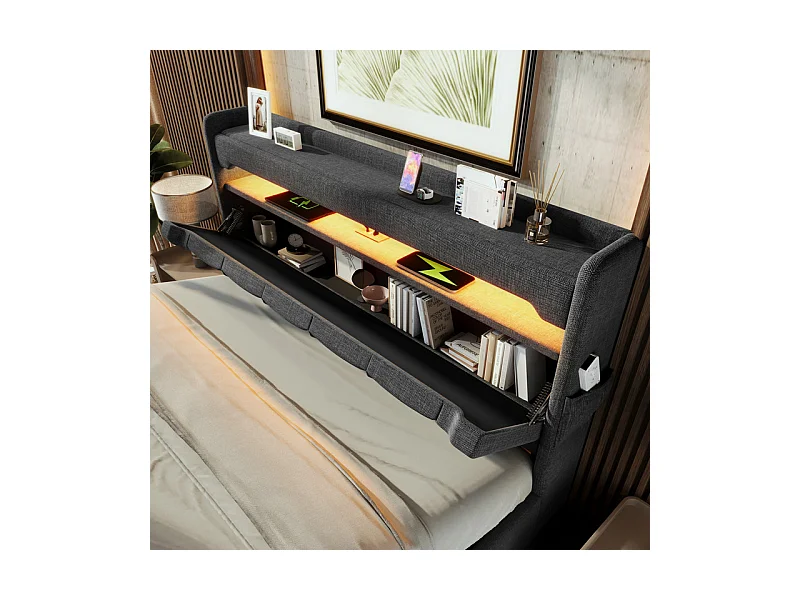 Lit coffre 160x200cm en lin gris, avec LED, tête de lit de rangement avec USB et port de type C