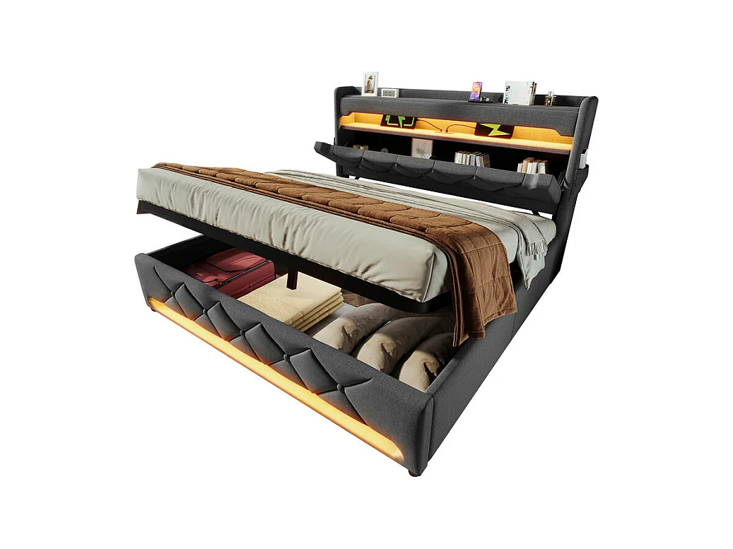 Cama con almacenaje 160x200 cm en lino gris, con LED, cabecero con almacenamiento con USB y puerto Type C