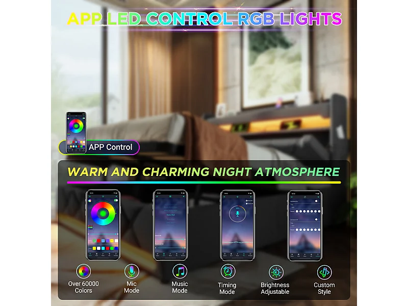 Letto contenitore 160x200 cm in lino grigio, con LED, testiera con contenitore con USB e porta Type C