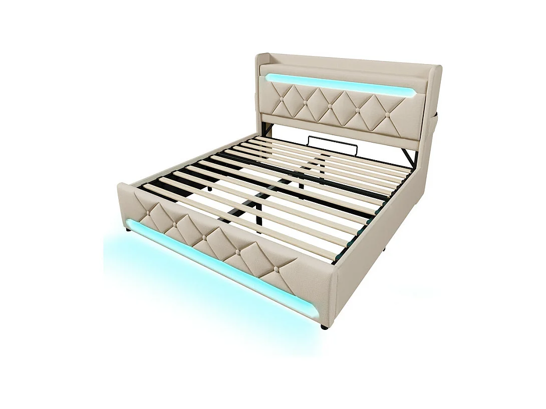 Opbergbed 160x200 cm in linnen beige, met LED, opberg-hoofdeinde met USB en Type-C-poort