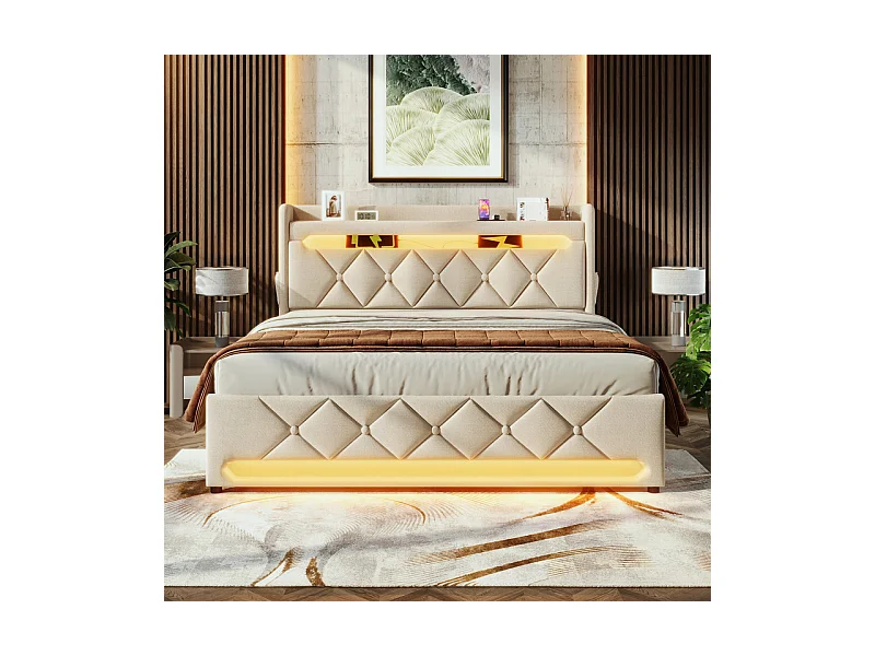 Opbergbed 160x200 cm in linnen beige, met LED, opberg-hoofdeinde met USB en Type-C-poort