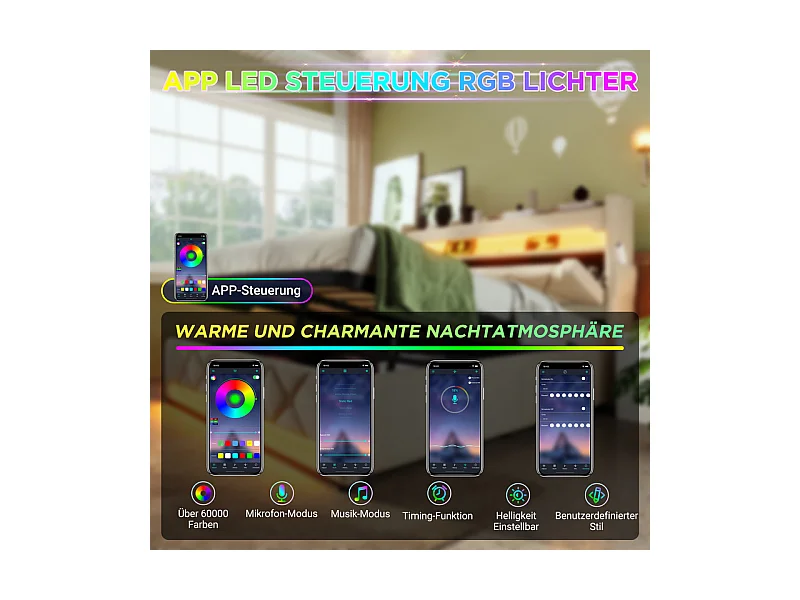 Opbergbed 160x200 cm in linnen beige, met LED, opberg-hoofdeinde met USB en Type-C-poort