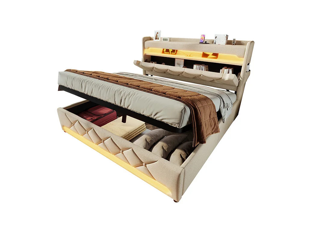 Cama con almacenaje 160x200 cm en lino beige, con LED, cabecero con almacenamiento con USB y puerto Type C