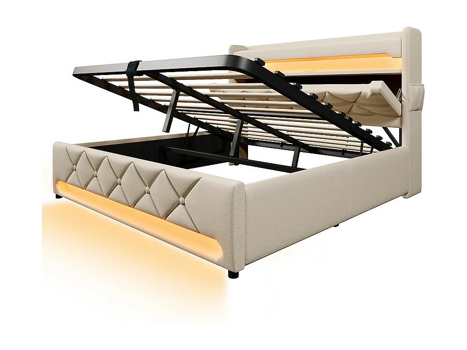 Lit coffre 160x200cm en lin beige, avec LED, tête de lit de rangement avec USB et port de type C