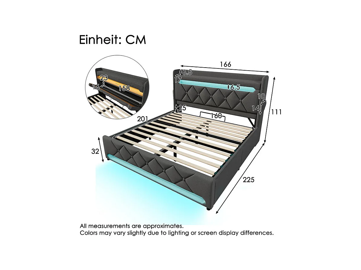 Lit coffre 180x200cm + Matelas, avec tête de lit capitonnée, LED, USB et port de type C - Lin - Gris
