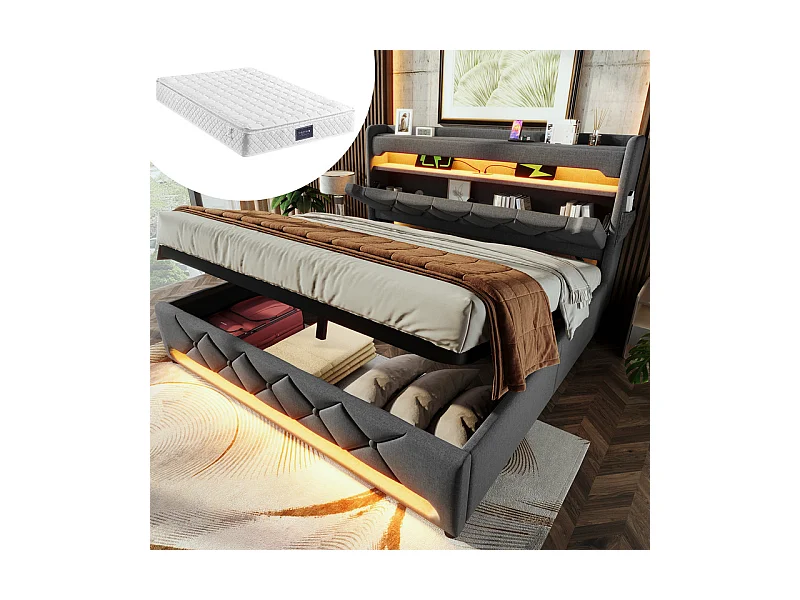 Lit coffre 180x200cm + Matelas, avec tête de lit capitonnée, LED, USB et port de type C - Lin - Gris