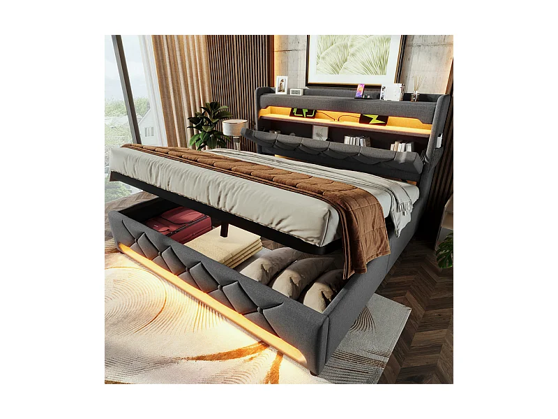 Lit coffre 180x200cm + Matelas, avec tête de lit capitonnée, LED, USB et port de type C - Lin - Gris