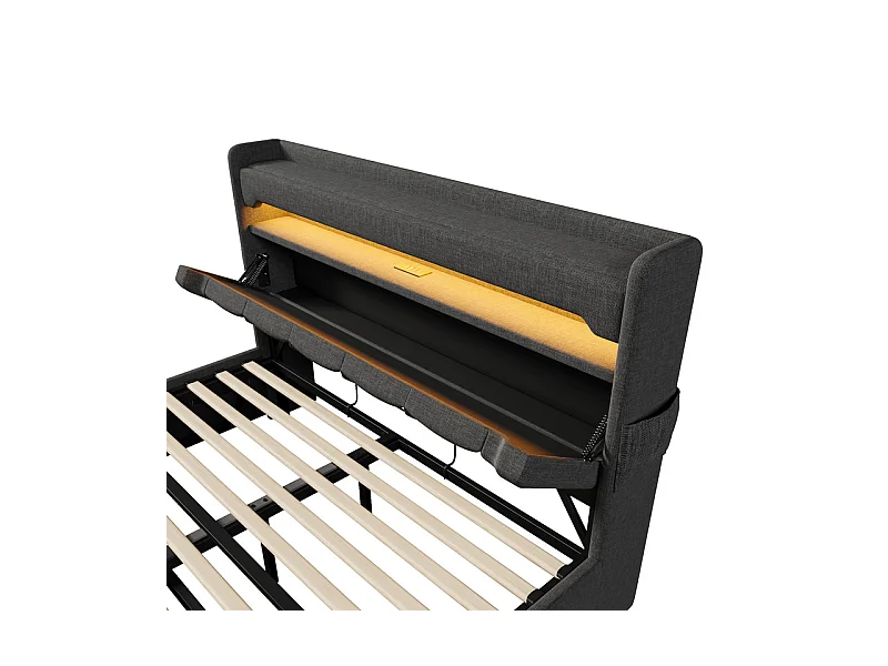 Lit coffre 180x200cm + Matelas, avec tête de lit capitonnée, LED, USB et port de type C - Lin - Gris