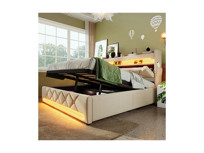 Cama con almacenaje beige 140x200 cm + Colchón - con LED - Lino - cabecero con almacenamiento con USB y puerto Type C