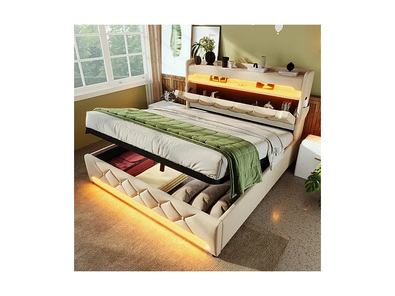 Cama con almacenaje beige 140x200 cm + Colchón - con LED - Lino - cabecero con almacenamiento con USB y puerto Type C