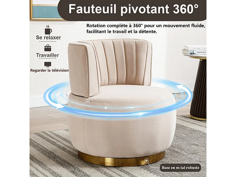 Fauteuil pivotant ronde en tissu bouclette beige - dossier ergonomique - max 150kg - 62.5x62x69.5cm
