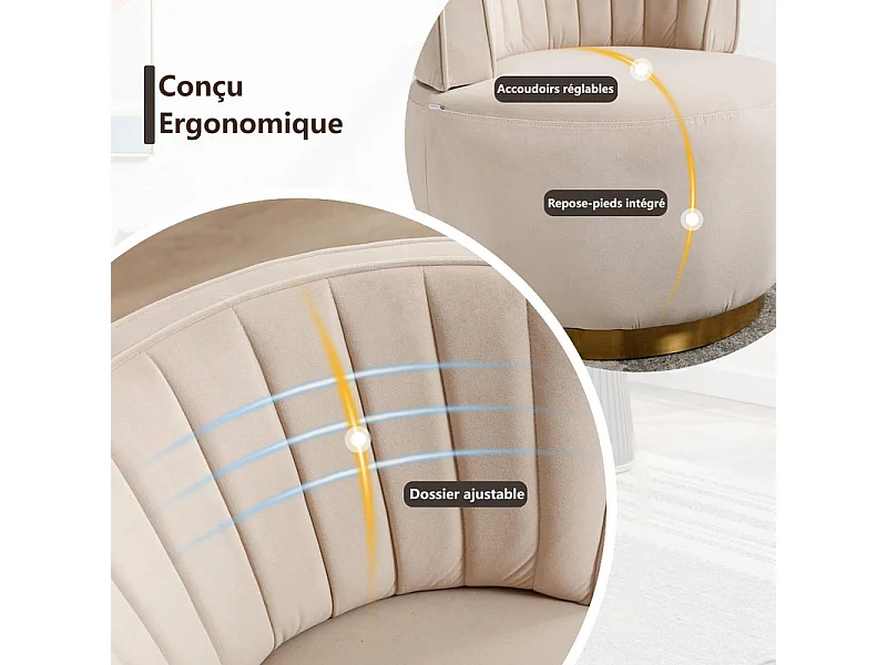 Fauteuil pivotant ronde en tissu bouclette beige - dossier ergonomique - max 150kg - 62.5x62x69.5cm
