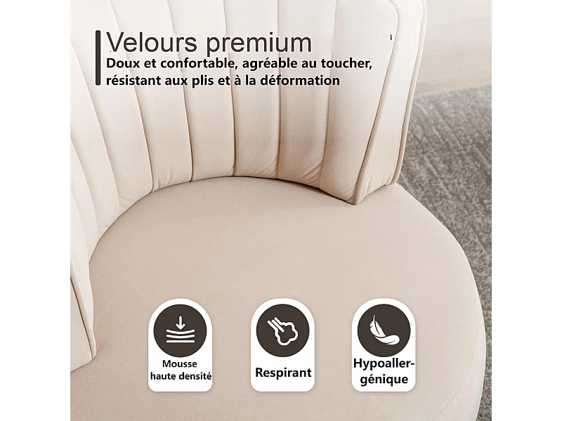 Fauteuil pivotant ronde en tissu bouclette beige - dossier ergonomique - max 150kg - 62.5x62x69.5cm