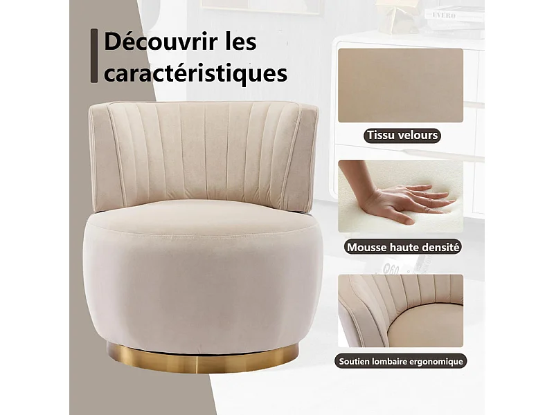 Fauteuil pivotant ronde en tissu bouclette beige - dossier ergonomique - max 150kg - 62.5x62x69.5cm