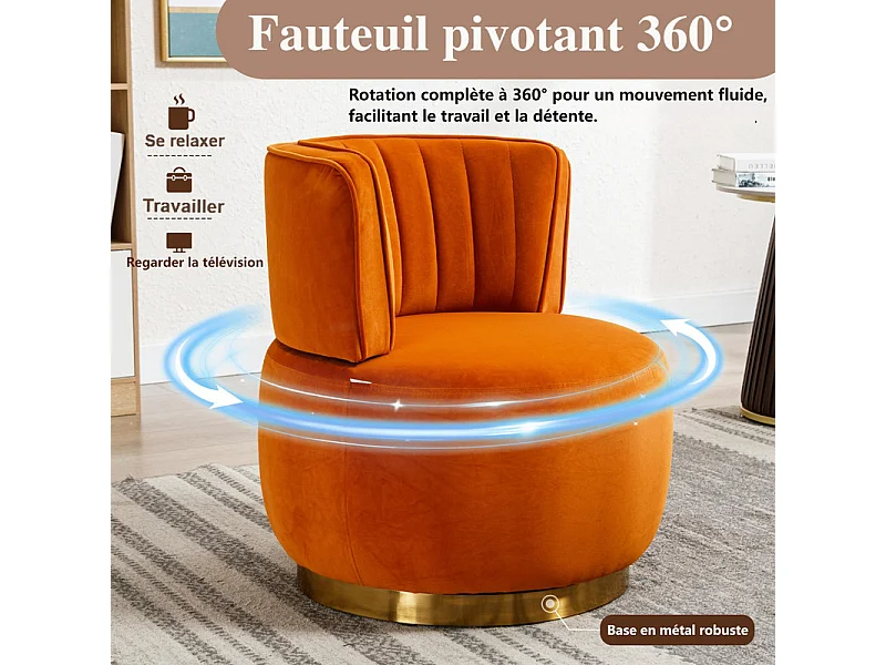 Fauteuil pivotant ronde en tissu bouclette orange - dossier ergonomique - max 150kg - 62.5x62x69.5cm