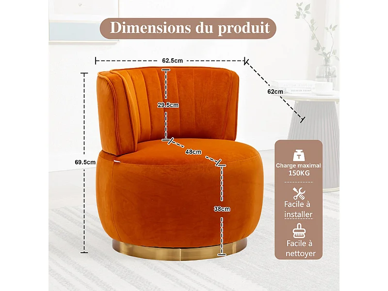 Fauteuil pivotant ronde en tissu bouclette orange - dossier ergonomique - max 150kg - 62.5x62x69.5cm