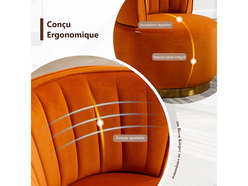 Fauteuil pivotant ronde en tissu bouclette orange - dossier ergonomique - max 150kg - 62.5x62x69.5cm