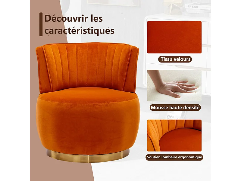 Fauteuil pivotant ronde en tissu bouclette orange - dossier ergonomique - max 150kg - 62.5x62x69.5cm
