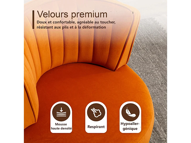 Fauteuil pivotant ronde en tissu bouclette orange - dossier ergonomique - max 150kg - 62.5x62x69.5cm