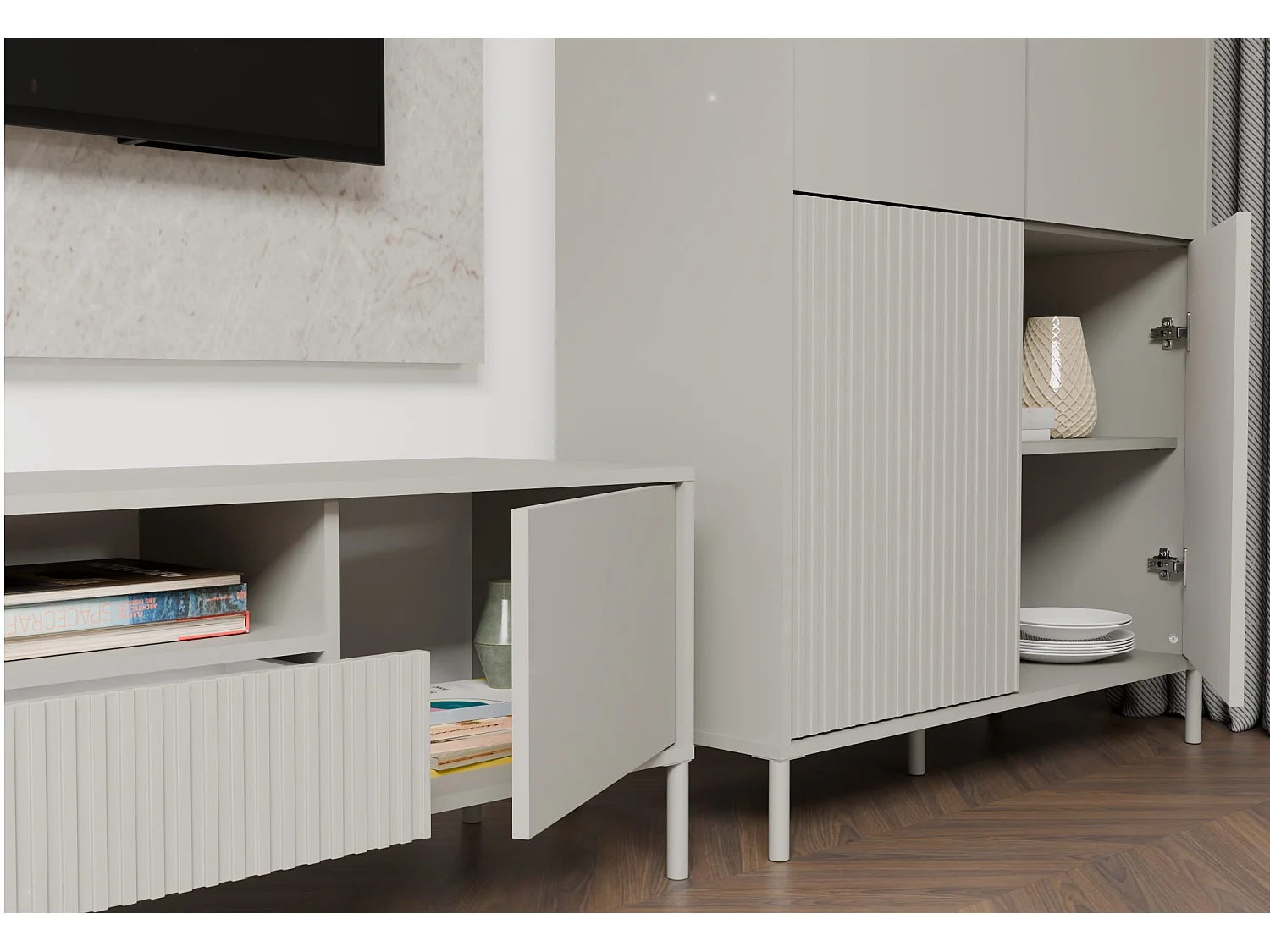 KAMARO – Armario moderno 8 estantes y 4 puertas – 147.5x103.5x40 cm – Mueble de almacenamiento – Beige Cachemira