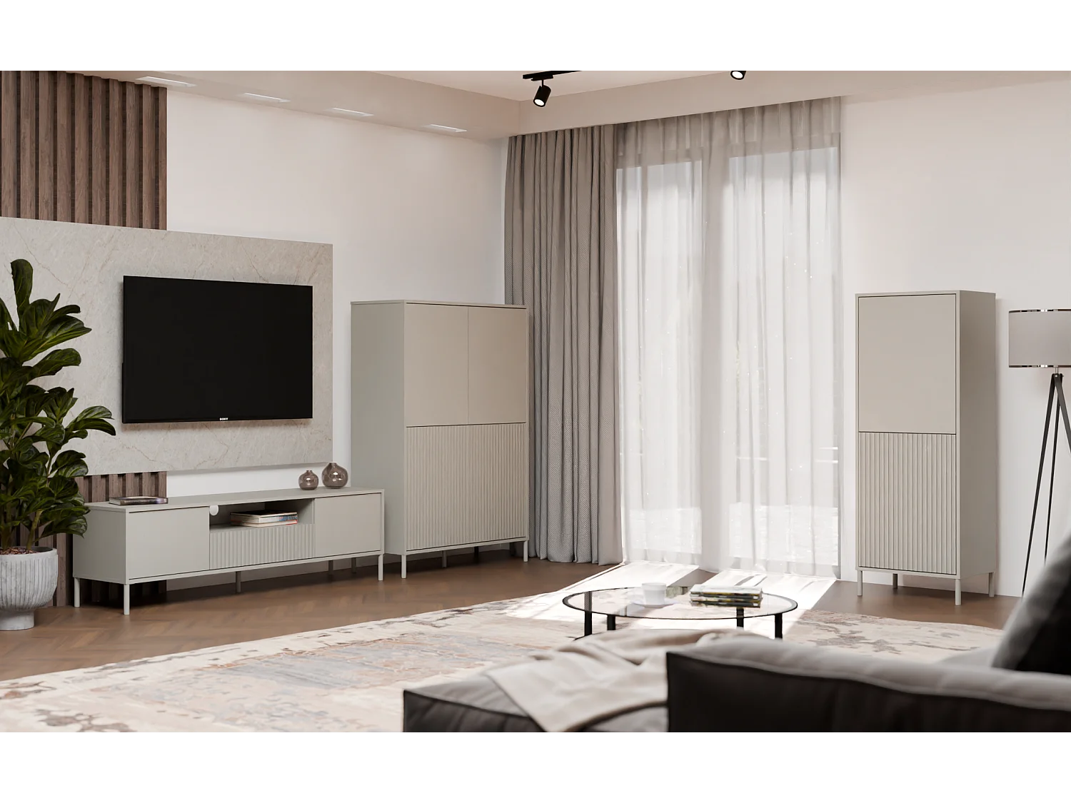 KAMARO Witryna 4D Slim  | Kaszmir |  103,5x40x147,5 cm | 4 Drzwi Gładkie/Ryflowane