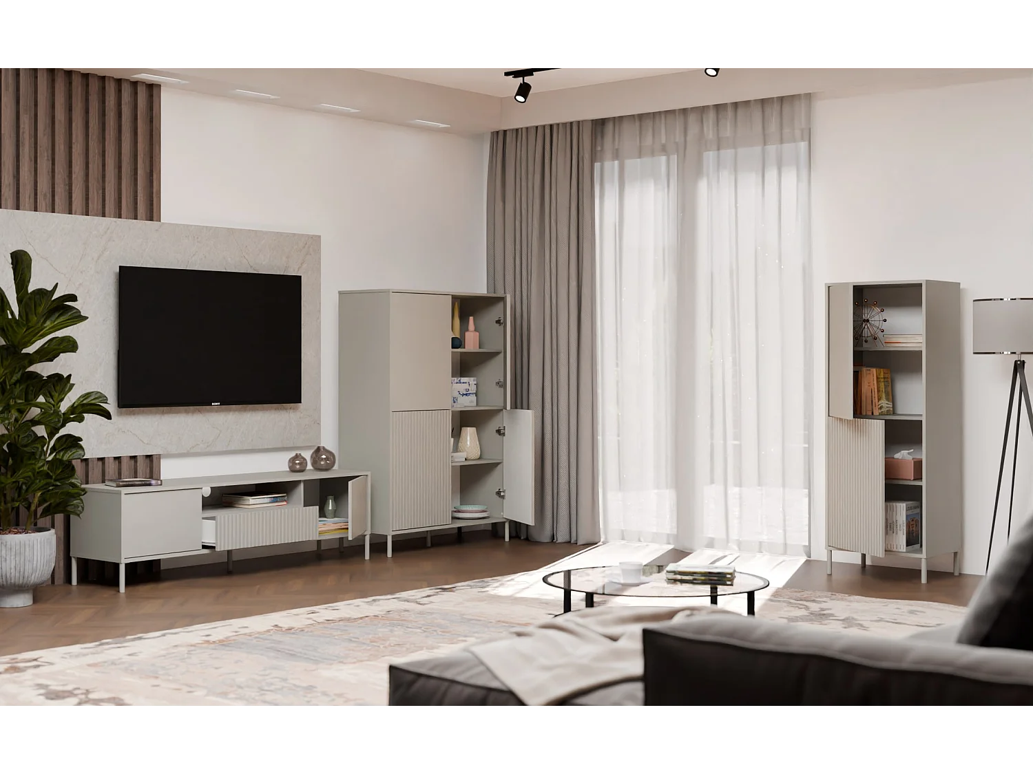 KAMARO Witryna 4D Slim  | Kaszmir |  103,5x40x147,5 cm | 4 Drzwi Gładkie/Ryflowane