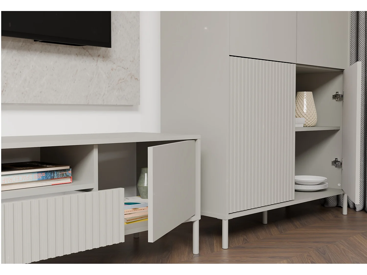 KAMARO Witryna 4D Slim  | Kaszmir |  103,5x40x147,5 cm | 4 Drzwi Gładkie/Ryflowane