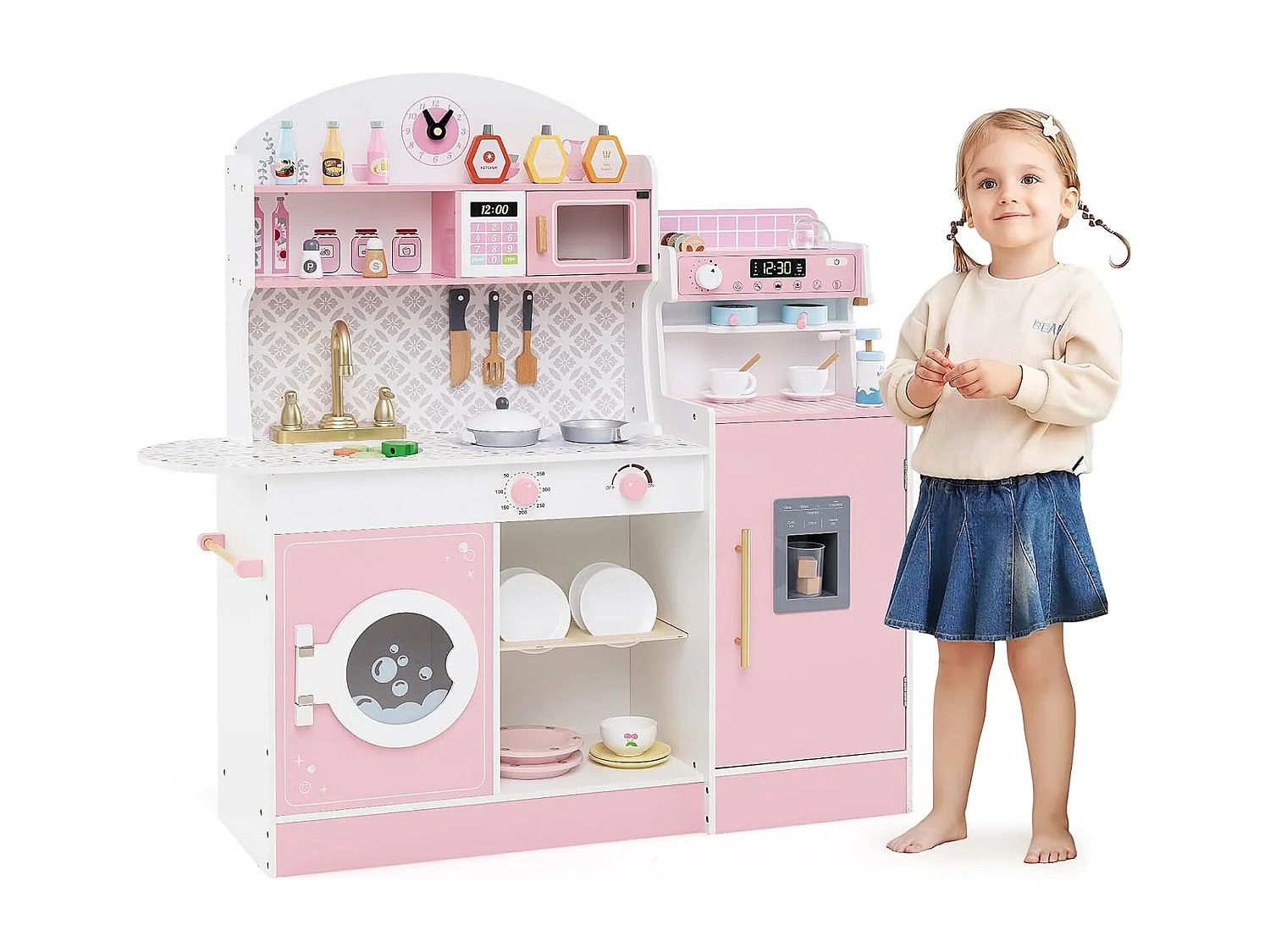 Cuisine Enfant en Bois avec Machine à Café & Machine à Glaçons, Jeu de Cuisine avec Horloge & Micro-Ondes, 26 Accessoires, Jeu d’Imitation pour 3 Ans+ (Rose)