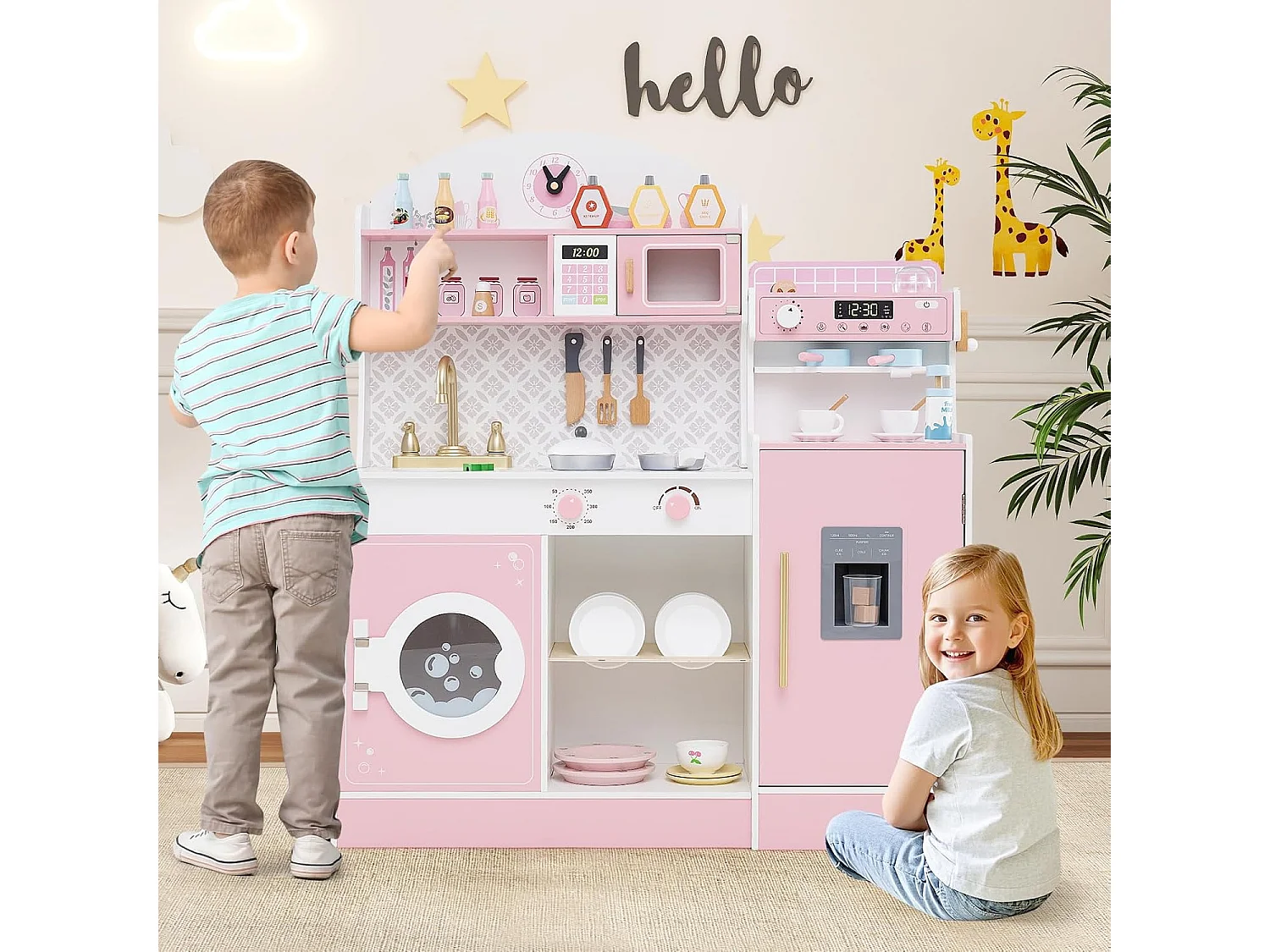 Cuisine Enfant en Bois avec Machine à Café & Machine à Glaçons, Jeu de Cuisine avec Horloge & Micro-Ondes, 26 Accessoires, Jeu d’Imitation pour 3 Ans+ (Rose)