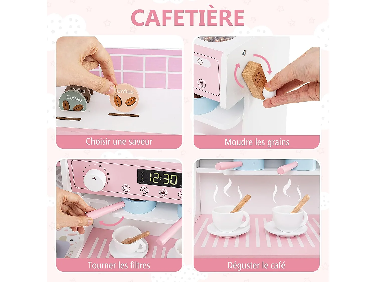 Cuisine Enfant en Bois avec Machine à Café & Machine à Glaçons, Jeu de Cuisine avec Horloge & Micro-Ondes, 26 Accessoires, Jeu d’Imitation pour 3 Ans+ (Rose)