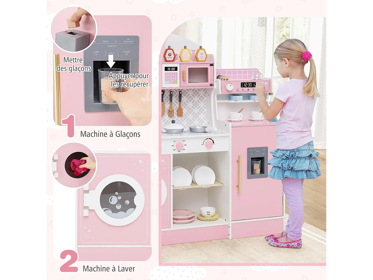 Cuisine Enfant en Bois avec Machine à Café & Machine à Glaçons, Jeu de Cuisine avec Horloge & Micro-Ondes, 26 Accessoires, Jeu d’Imitation pour 3 Ans+ (Rose)