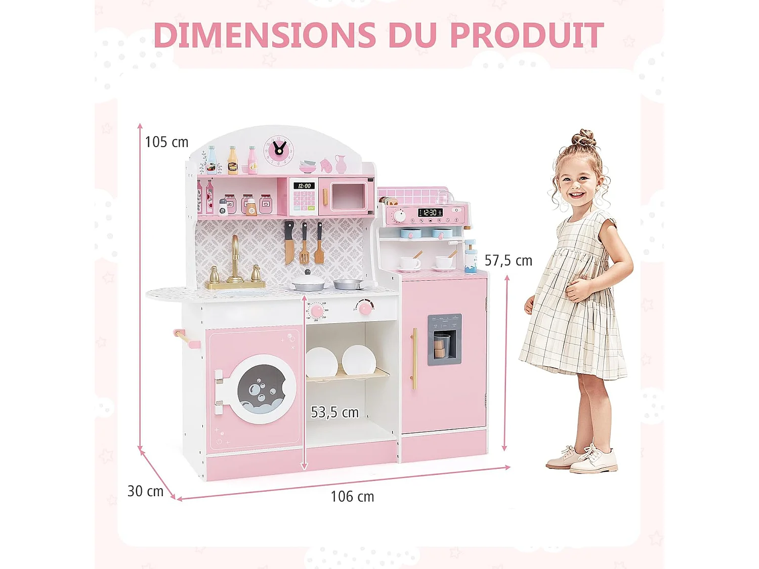Cuisine Enfant en Bois avec Machine à Café & Machine à Glaçons, Jeu de Cuisine avec Horloge & Micro-Ondes, 26 Accessoires, Jeu d’Imitation pour 3 Ans+ (Rose)