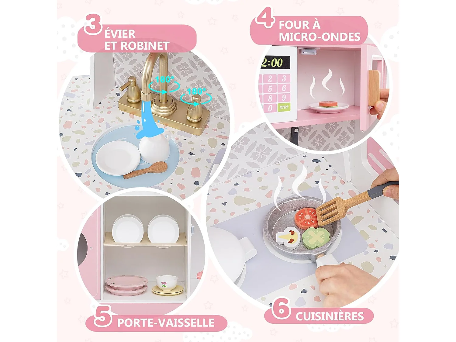 Cuisine Enfant en Bois avec Machine à Café & Machine à Glaçons, Jeu de Cuisine avec Horloge & Micro-Ondes, 26 Accessoires, Jeu d’Imitation pour 3 Ans+ (Rose)