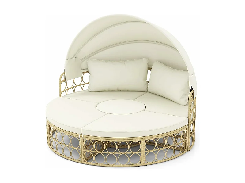 Lit de Jardin Rond en Rotin PE avec Auvent Rétractable, Bains de soleil Sièges Séparés Coussins Doux et Table Basse, Ensemble de Canapé d'Extérieur, Blanc